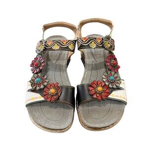 L'Artiste Multi Nadira Off Center Flower Embellished Sandals  38 / 7.5-8  Artsy